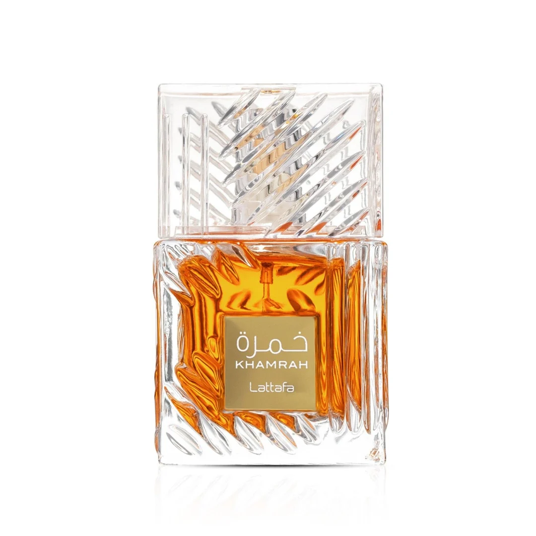 Khamrah Lattafa unisex edp perfume glass bottle orange clear minimal white studio