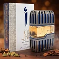 Al Azal Lattafa edp blue silver packaging wooden table surrounded spices