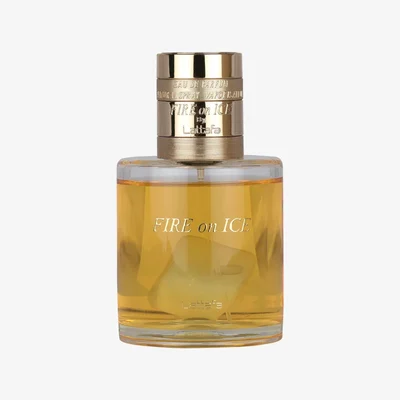 Fire On Ice Lattafa gold cap clear glass unisex fragrance white background closeup