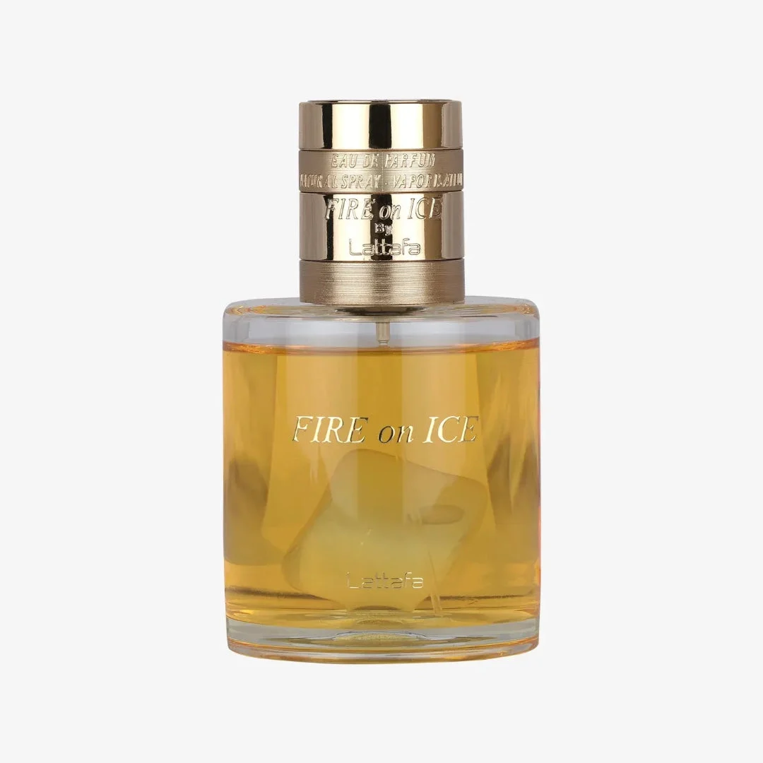 Fire On Ice Lattafa gold cap clear glass unisex fragrance white background closeup