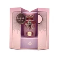 Haya Lattafa pink fragrance spray elegant packaging white background closeup side