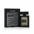Now Rave Lattafa cologne black geometric patterned glass surrounded packaging white background