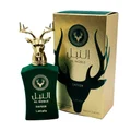 Green glass Safeer Lattafa Al Noble fragrance with gold deer cap next to golden packaging side
