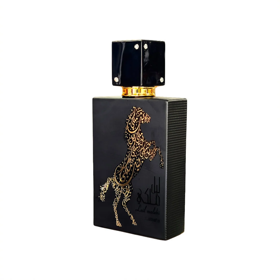 Lail Maleki Lattafa unisex black rectangular fragrance edp bottles closeup side gold design