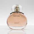 Angel LaMuse Lattafa perfume white background closeup front side down angled
