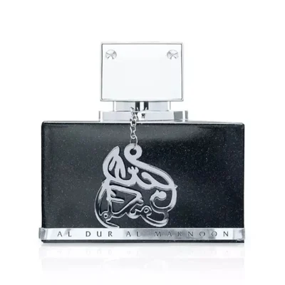 Al Dur Al Maknoon Silver Lattafa edp men black rectangular glass bottle closeup front