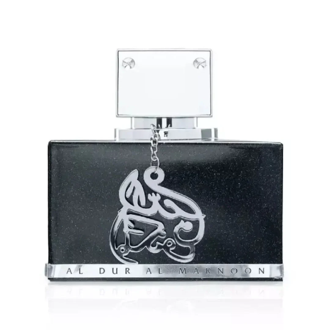 Al Dur Al Maknoon Silver Lattafa edp men black rectangular glass bottle closeup front