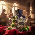 Badee Al Oud Amethyst Lattafa black gold packaging surrounded green fruits ice cubes red