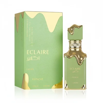 Eclaire Pistache Lattafa green unisex fragrance gold trimmed glass green packaging