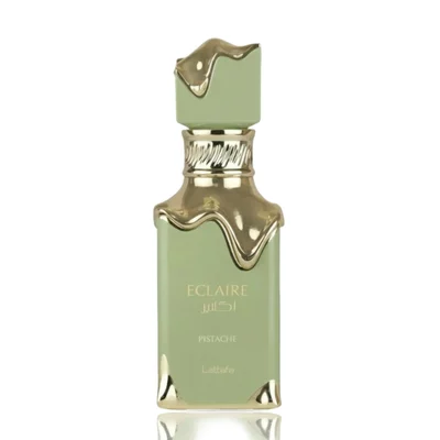 Eclaire Pistache Lattafa green glass unisex fragrance white background closeup front