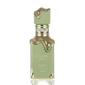 Eclaire Pistache Lattafa green glass unisex fragrance white background closeup front