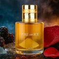 Fire On Ice Lattafa perfume surrounded blackberries red petals melting ais kristal closeup