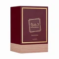 Khamrah Dukhan Lattafa maroon gift box unisex edp fragrance white background closeup side