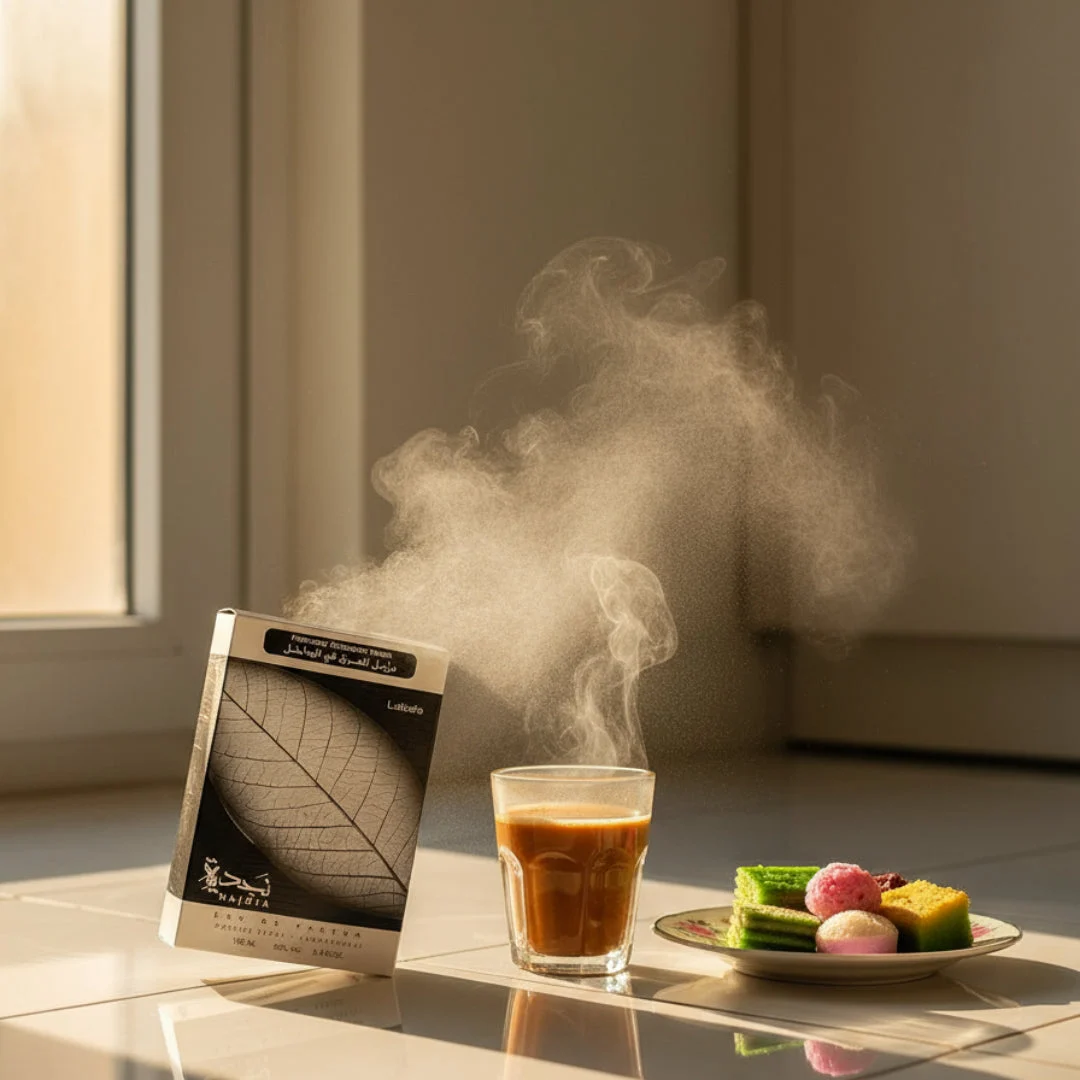 Najdia Lattafa perfume minimalist setting surrounded steam rising coffee dessert plate