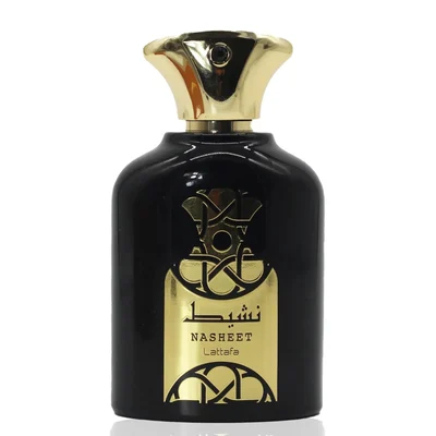 Nasheet Lattafa unisex edp kaca hitam topi emas classy latar putih dekat