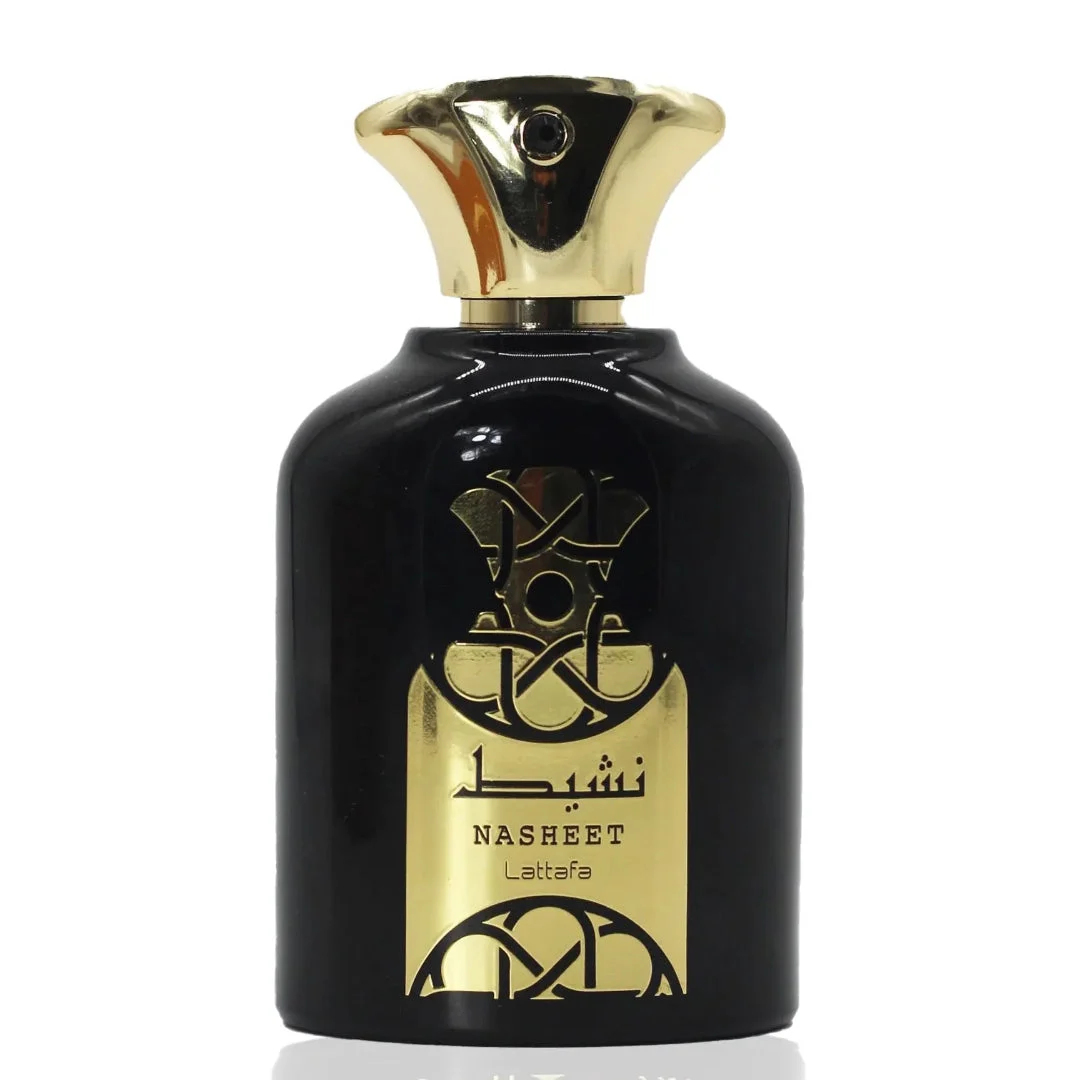 Nasheet Lattafa unisex edp black glass elegant gold cap white background closeup