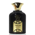 Nasheet Lattafa unisex edp black glass elegant gold cap white background closeup