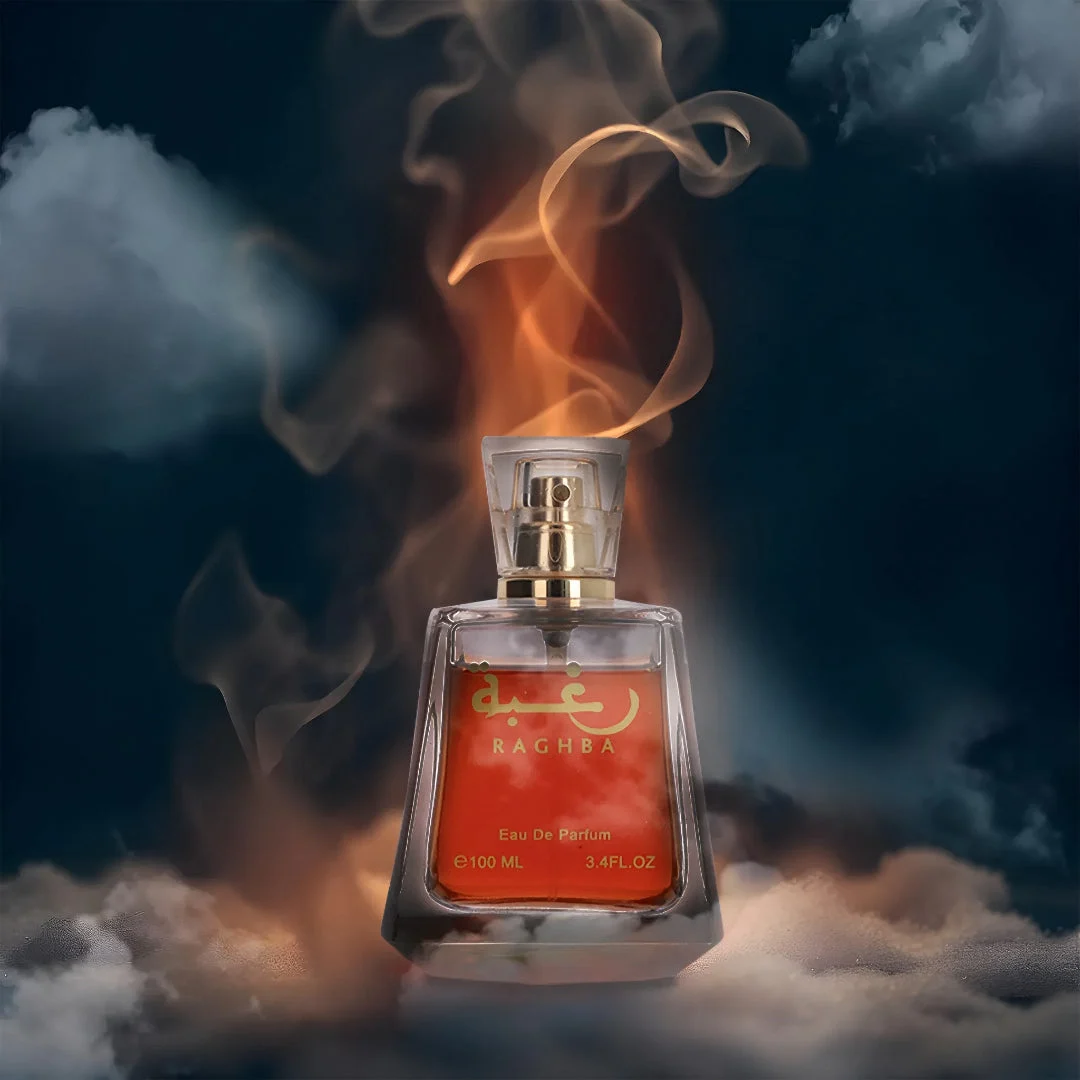 Clear glass raghba Lattafa eau de parfum unisec surrounded smoke clouds dark background closeup view