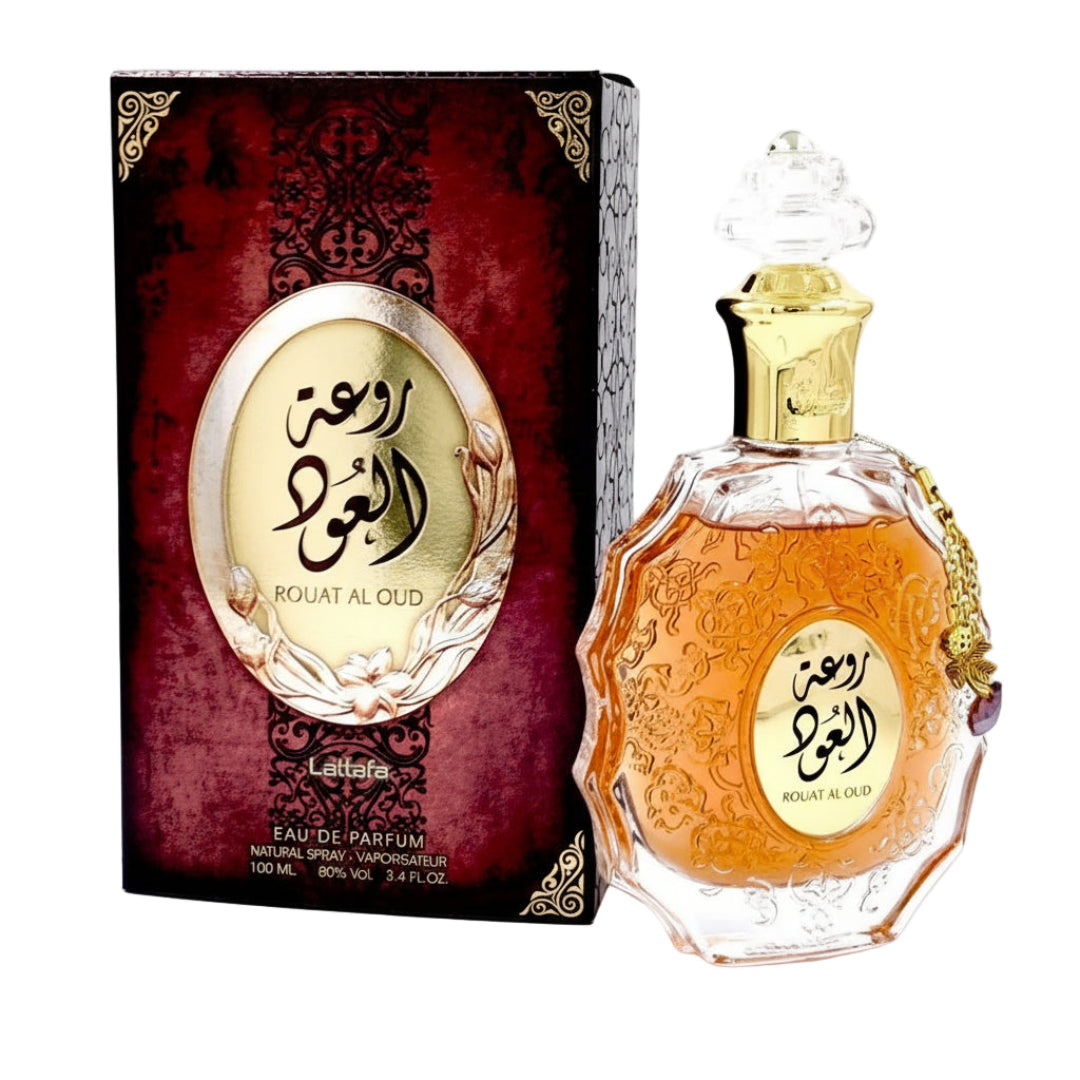 Botol kaca mewah Lattafa rouat al oud edp minyak wangi merah gelap