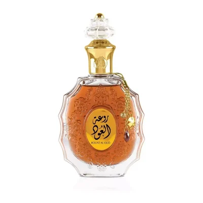 Lattafa Rouat Al Oud unisex edp perfume glass bottle ornament pointed top old gold