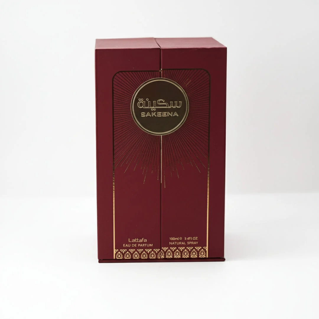 Sakeena Lattafa edp women maroon packaging white background closeup view front side profile