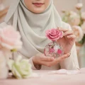 Woman in hijab holding Layaan Lattafa edp rose glass pink cap closeup