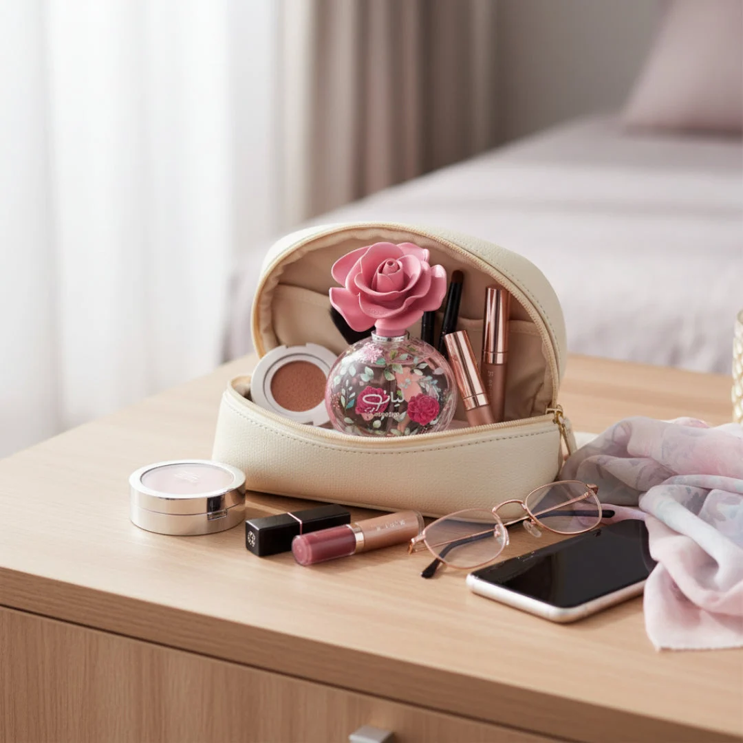 Layaan Lattafa edp perfume bottle cream makeup bag wooden table top view