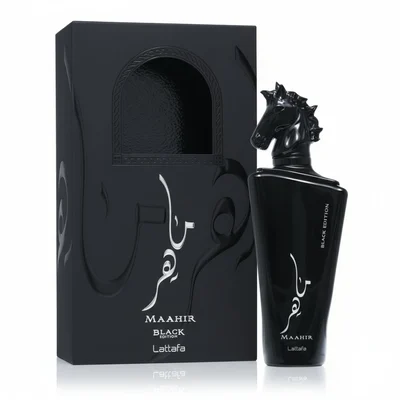 Maahir Black Edition Lattafa cologne sleek matte packaging next glossy horse head bottle