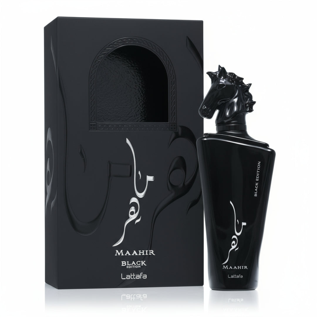 Maahir Black Edition Lattafa cologne sleek matte packaging next glossy horse head bottle