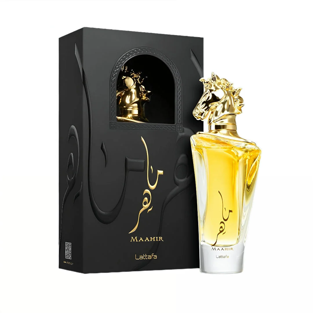 Maahir Lattafa golden horse head fragrance black packaging white background closeup