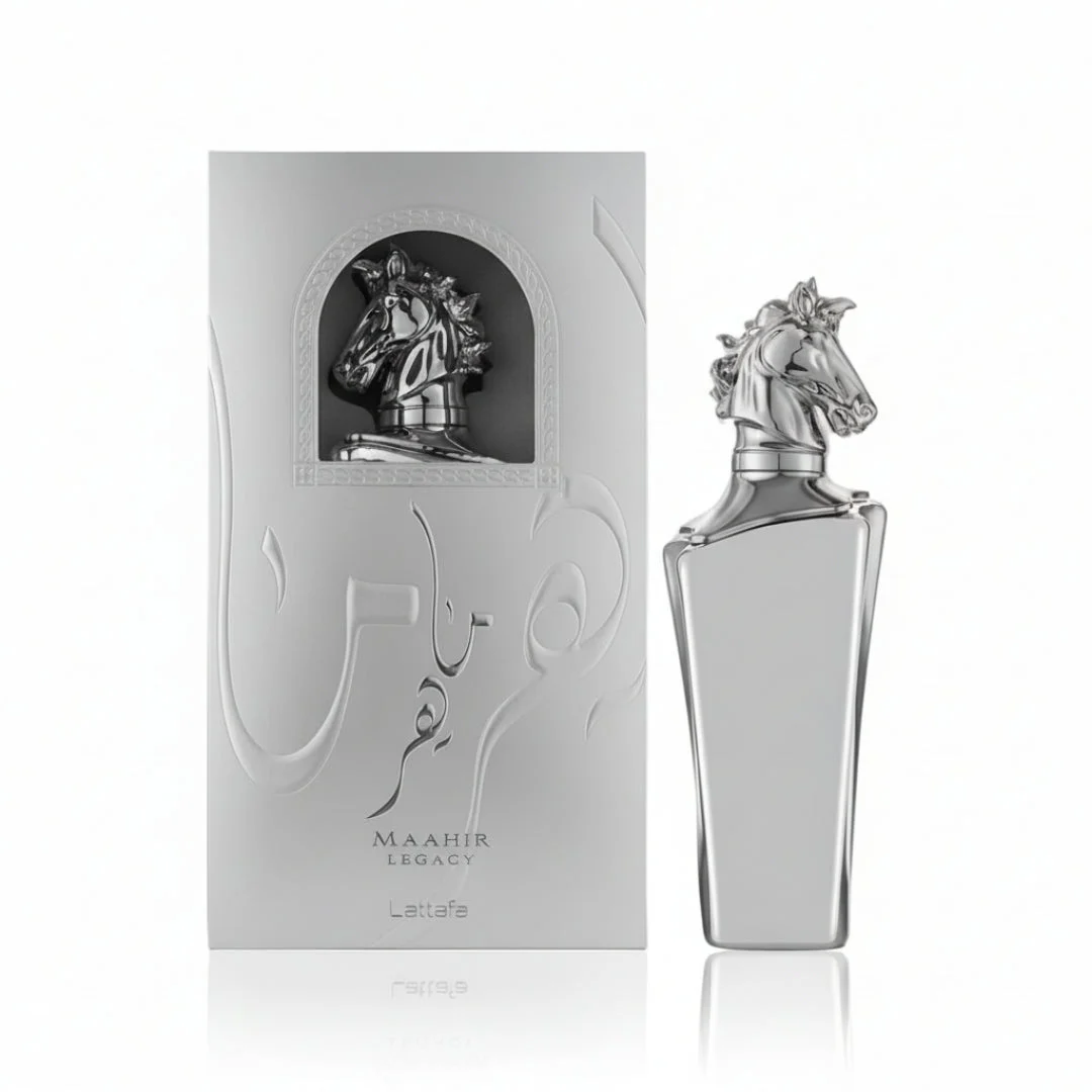 Maahir Legacy Lattafa silver cologne horse shaped cap grey packaging white background