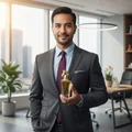 Man in suit holding Maahir Lattafa edp gold horse cap Malaysia office setting
