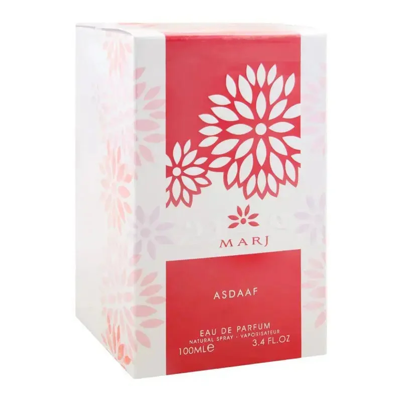 Marj Asdaaf Lattafa arabic women edp packaging white red design closeup view