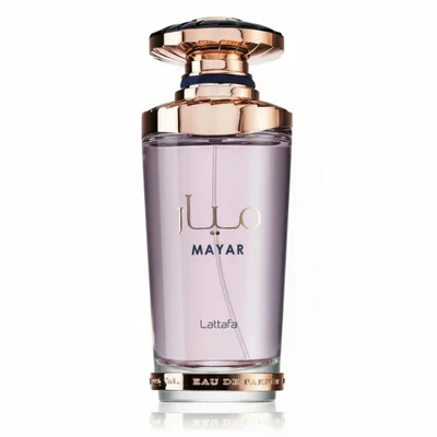 Mayar Lattafa edp woman fragrance purple glass elegant rose gold cap bottles closeup