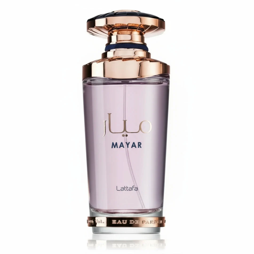 Mayar Lattafa edp woman fragrance purple glass elegant rose gold cap bottles closeup