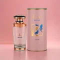 Mayar Lattafa edp woman pink packaging pastel background closeup front glass cylindrical
