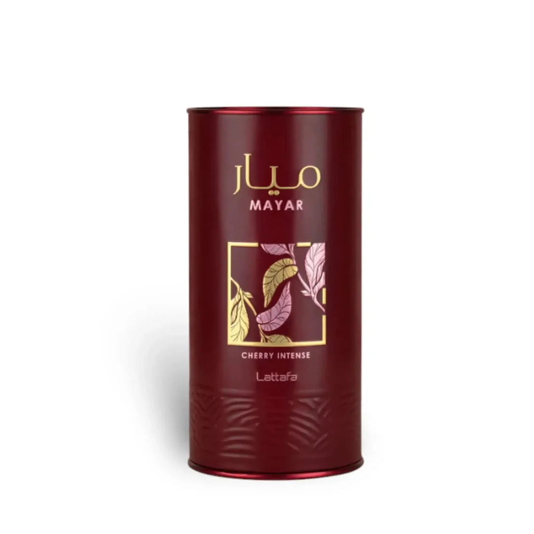 Mayar Cherry Intense Lattafa packaging dark red cylindrical tube white background side