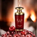 Mayar Cherry Intense Lattafa perfume red golden bottle fresh cherries around close fire
