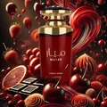 Mayar Cherry Intense Lattafa perfume red glass surrounded fruits chocolates closeup front