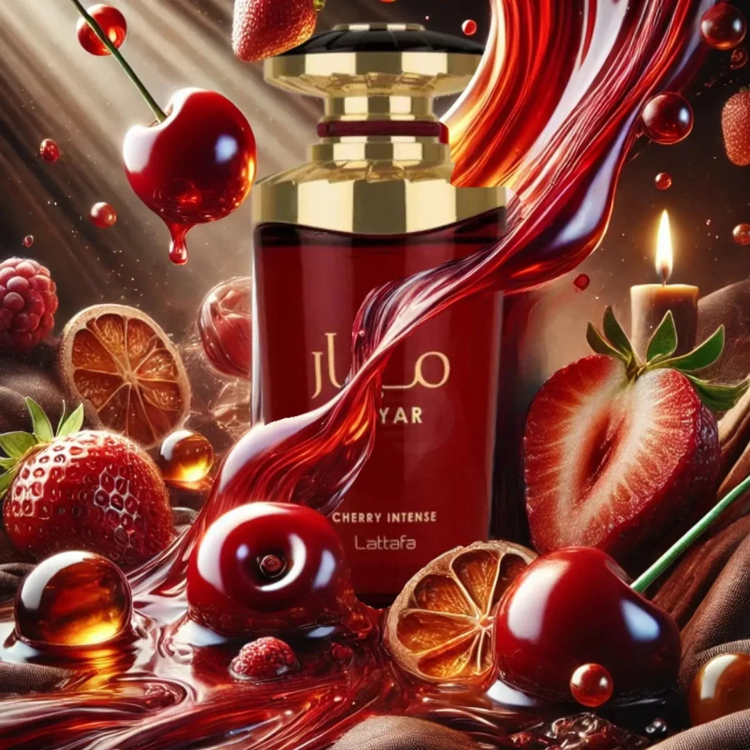 Mayar Cherry Intense Lattafa surrounded fruits red liquid closeup front side bottle