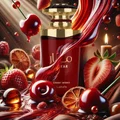 Mayar Cherry Intense Lattafa surrounded fruits red liquid closeup front side bottle