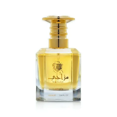Mazaaji Lattafa golden perfume clear glass square bottles white background closeup front