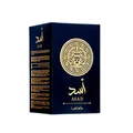 Asad Lattafa edp dark blue packaging white background closeup angled right side