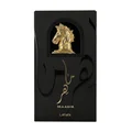 Maahir Lattafa black packaging gold horse head design white background closeup