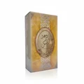 Lattafa rouat al musk perfume packaging in gold color close up view front side cornered