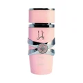 Yara Lattafa edp women pink fragrance sleek cylindrical glass packaging closeup view front side