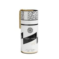 Musk Mood Lattafa edp unisex white cylindrical packaging gold chain attached side view