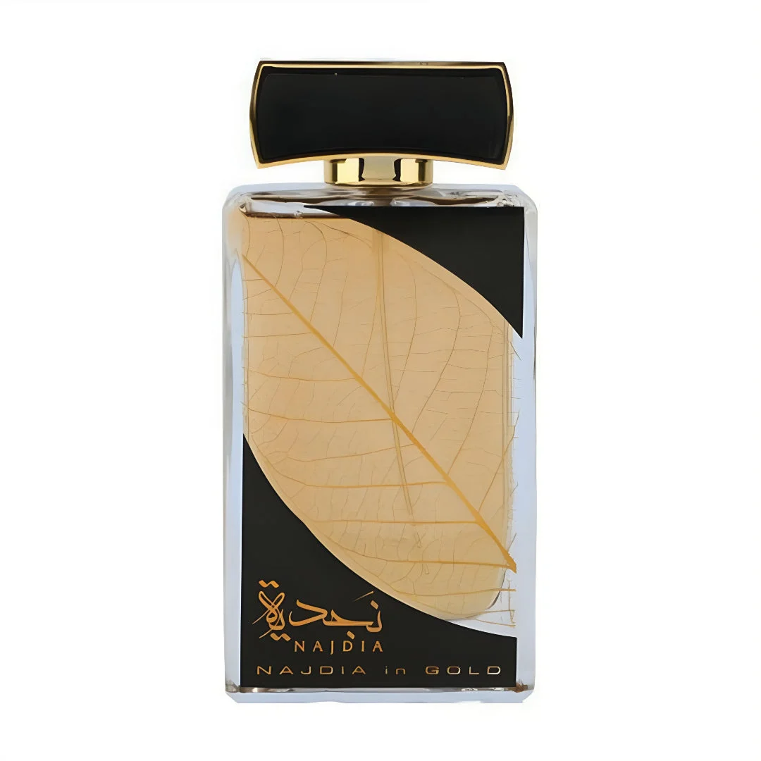 Najdia in Gold Lattafa unisex perfume glass bottle dried leaf design golden black