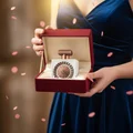 Woman holding Nebras Elixir Lattafa white gold rose fragrance red gift box closeup petal