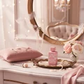 Badee Al Oud Noble Blush Lattafa pink perfume on dressing table surrounded flowers
